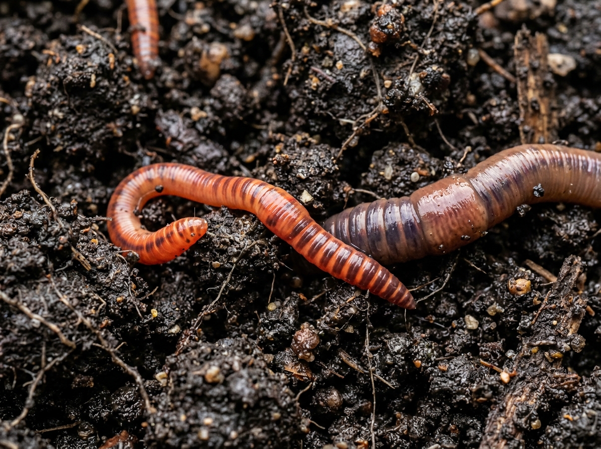 Eisenia fetida and Dendrobaena compost worms in rich soil