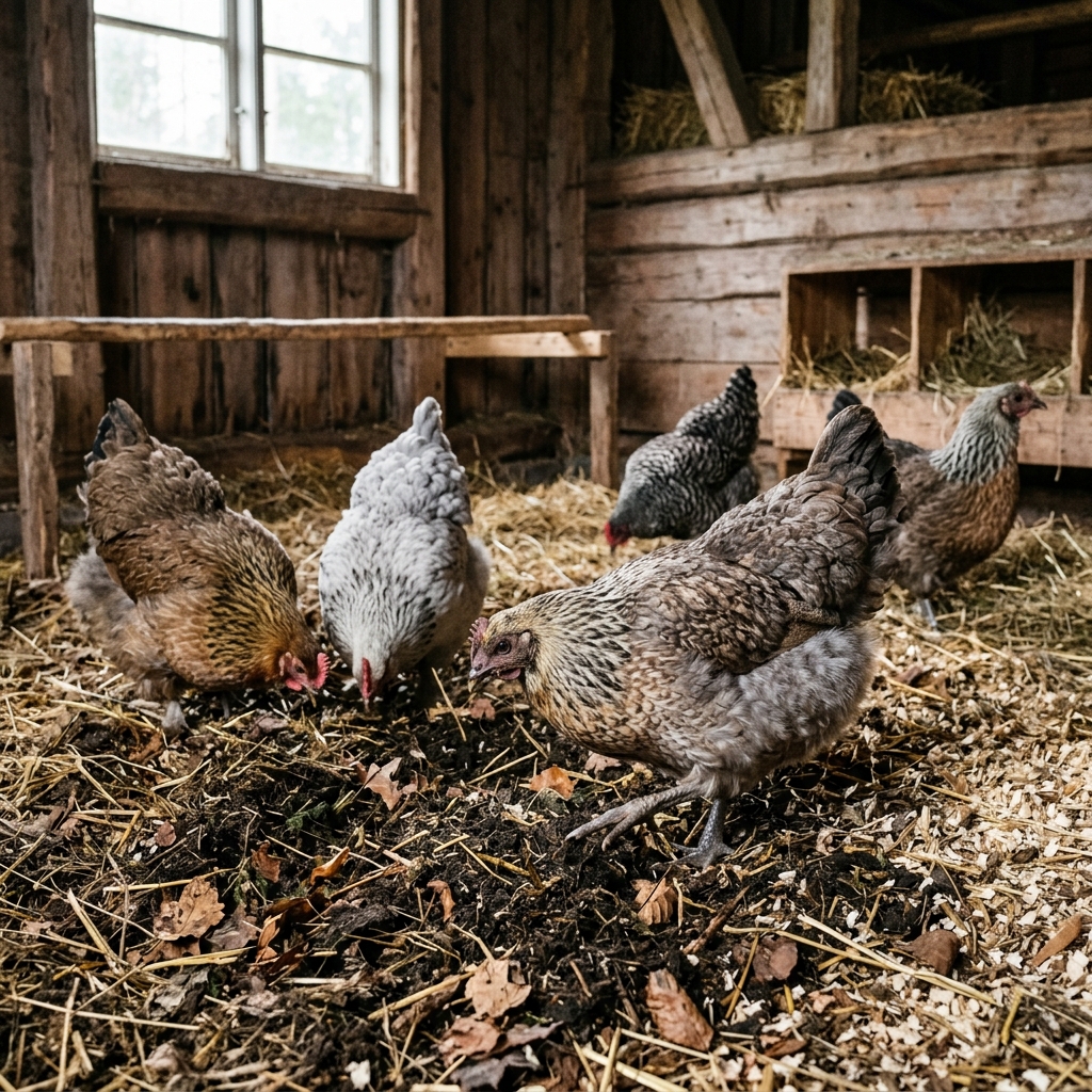 Hardy Hedemora hens on deep litter bedding in a wooden barn