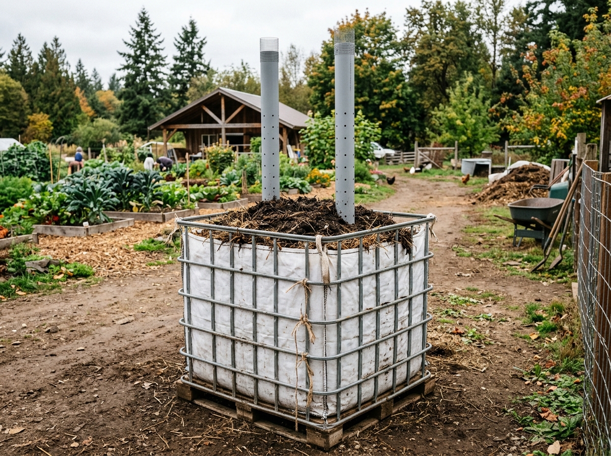 Johnson-Su compost bioreactor in a wire mesh cage with bigbag and vertical aeration tubes