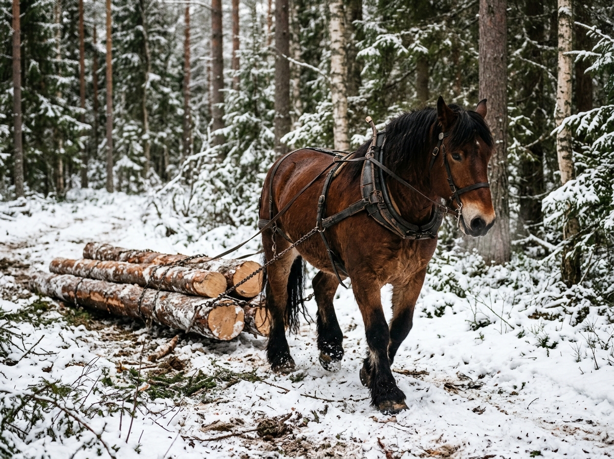 North Swedish horse logging timber in a Scandinavian forest