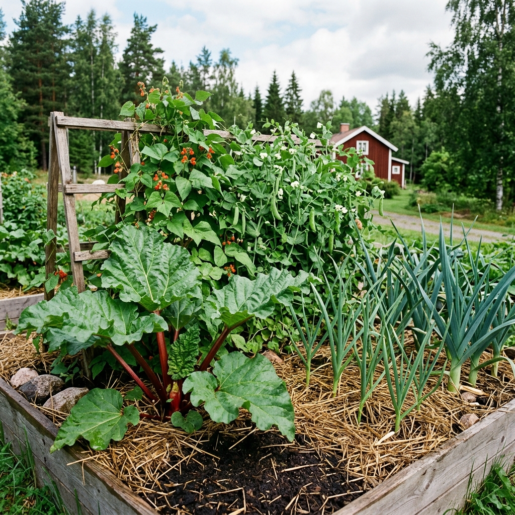 Lush permaculture vegetable bed with beans, peas, leeks, garlic, and rhubarb